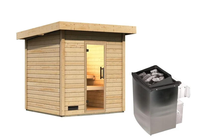Karibu Saunahaus Caapi 3, inkl. 9 kW Ofen integr. Steuerung - mit Klarglastür und Fußboden