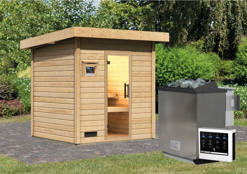 Karibu Saunahaus Caapi 3, inkl. 9 kW Bioofen ext. Steuerung - mit Klarglastür und Fußboden