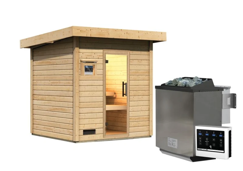 Karibu Saunahaus Caapi 3, inkl. 9 kW Bioofen ext. Steuerung - mit Klarglastür und Fußboden