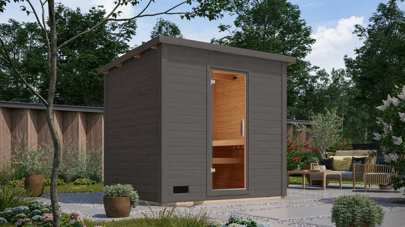 Karibu Saunahaus Caapi 4, terragrau, inkl. 9 kW Bioofen ext. Steuerung, mit Klarglastür und Fußboden