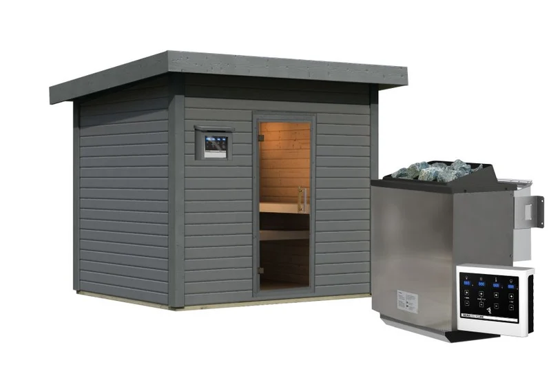 Karibu Saunahaus Caapi 4, terragrau, inkl. 9 kW Bioofen ext. Steuerung, mit Klarglastür und Fußboden
