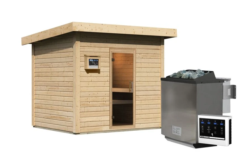 Karibu Saunahaus Caapi 4, inkl. 9 kW Bioofen ext. Steuerung, mit Klarglastür und Fußboden