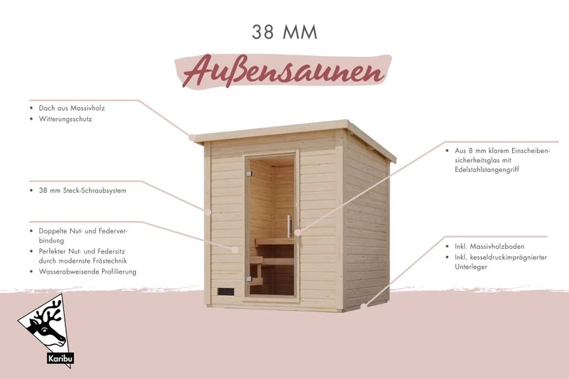 Karibu Saunahaus Caapi 4, inkl. 9 kW Bioofen ext. Steuerung, mit Klarglastür und Fußboden