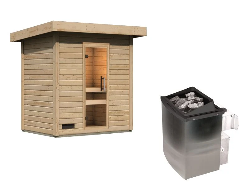 Karibu Saunahaus Caapi 2, inkl. 9 kW Ofen integr. Steuerung, mit Klarglastür und Fußboden