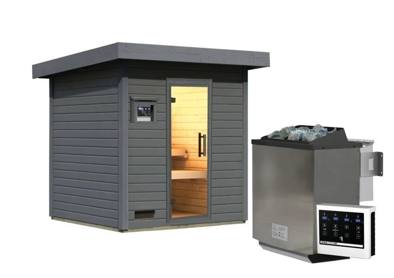 Karibu Saunahaus Caapi 3, terragrau, inkl. 9 kW Bioofen ext. Steuerung - mit Klarglastür und Fußboden