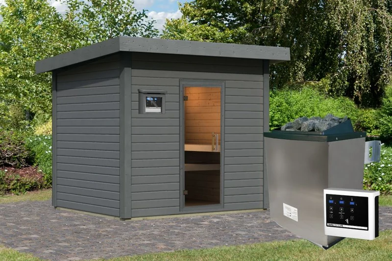 Karibu Saunahaus Caapi 4, terragrau, inkl. 9 kW Ofen finnisch ext. Steuerung, mit Klarglastür und Fußboden