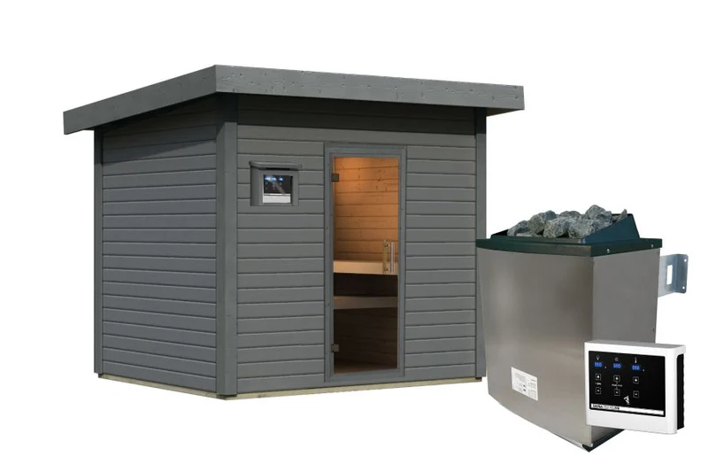 Karibu Saunahaus Caapi 4, terragrau, inkl. 9 kW Ofen finnisch ext. Steuerung, mit Klarglastür und Fußboden