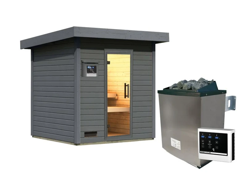 Karibu Saunahaus Caapi 3, terragrau, inkl. 9 kW Ofen finnisch ext. Steuerung - mit Klarglastür und Fußboden