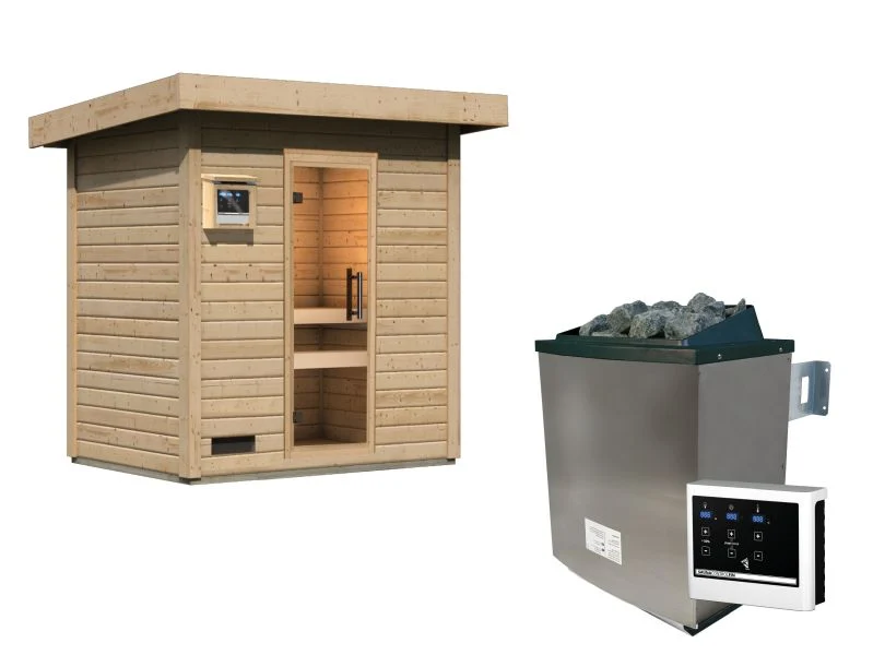 Karibu Saunahaus Caapi 2, inkl. 9 kW Ofen finnisch ext. Steuerung, mit Klarglastür und Fußboden