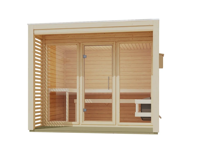 Karibu Saunahaus Angkor 3, 38 mm naturbelassen -inkl. 11 kW Bioofen ext. Steuerung-