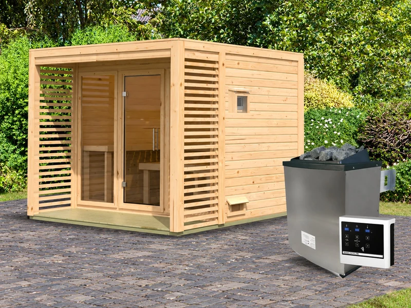Karibu Saunahaus Angkor 3, 38 mm naturbelassen -inkl. 11 kW Ofen ext. Steuerung-