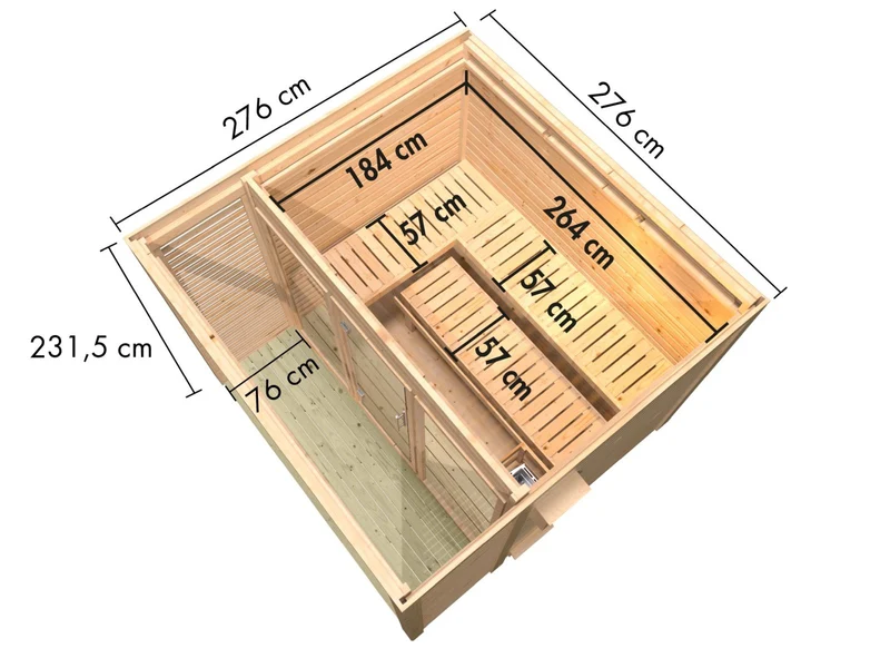 Karibu Saunahaus Angkor 3, 38 mm naturbelassen -inkl. 11 kW Ofen ext. Steuerung-