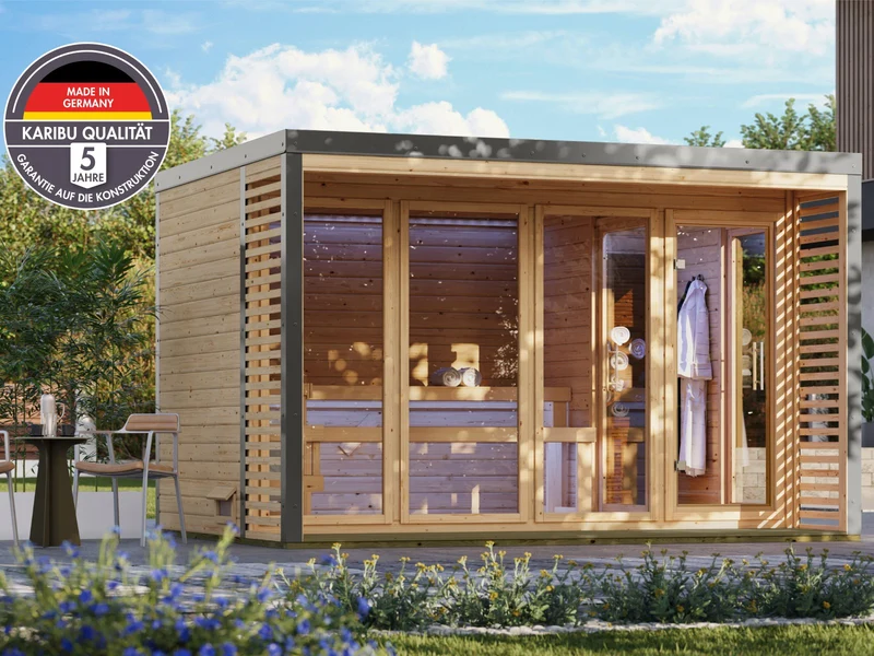 Karibu Hybrid Saunahaus Ares 4, naturbelassen/graualuminium, inkl. 11 kW Ofen ext. Steuerung