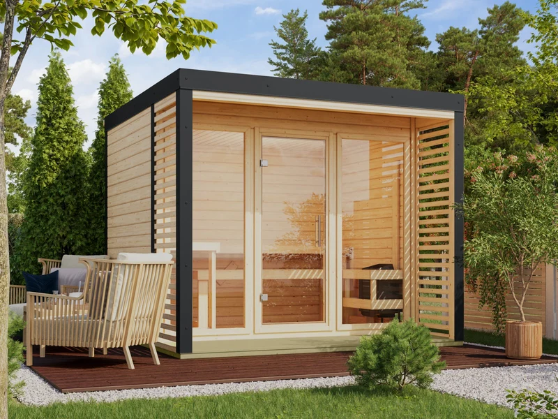 Karibu Hybrid Saunahaus Ares 3, naturbelassen/anthrazit -inkl. 11 kW Bioofen ext. Steuerung-