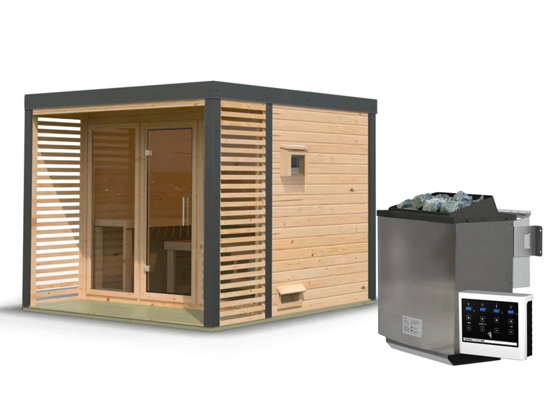 Karibu Hybrid Saunahaus Ares 3, naturbelassen/anthrazit -inkl. 11 kW Bioofen ext. Steuerung-