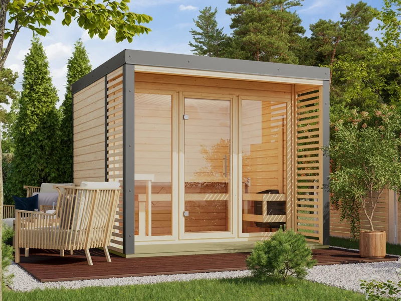 Karibu Hybrid Saunahaus Ares 3, naturbelassen/graualuminium, inkl. 11 kW Ofen ext. Steuerung