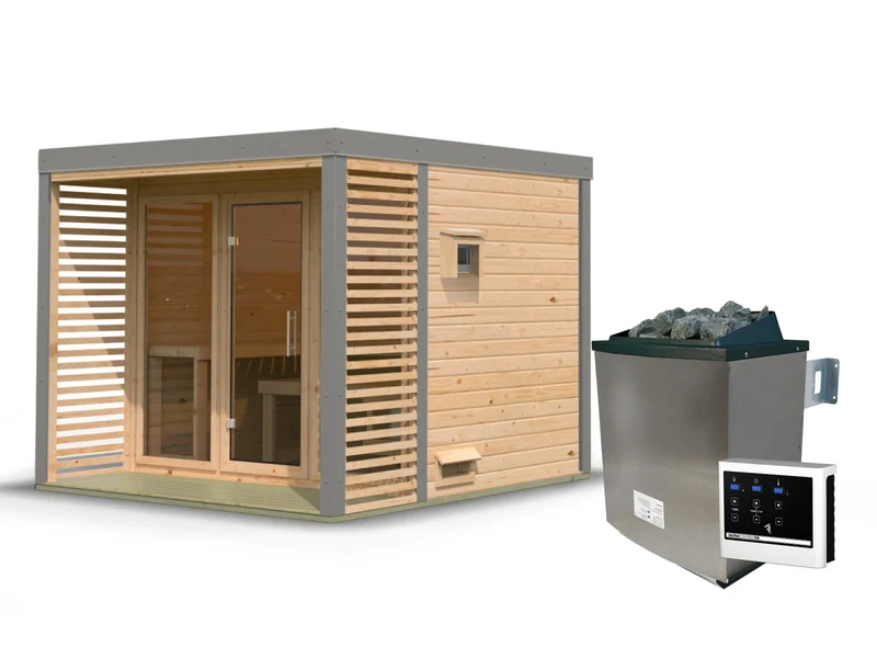 Karibu Hybrid Saunahaus Ares 3, naturbelassen/graualuminium, inkl. 11 kW Ofen ext. Steuerung