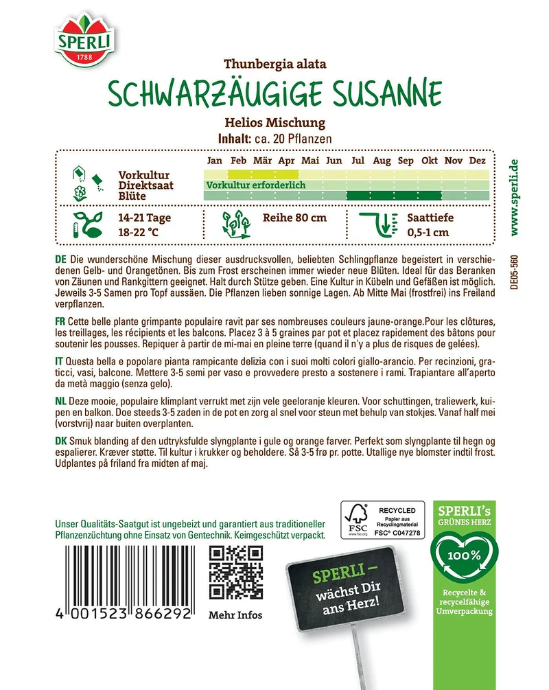 SPERLI Schwarzäugige Susannen-Samen 'Helios Mischung'
