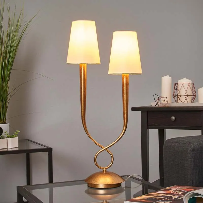 B-Ware Mantra Iluminación Tischleuchte Paola Tischlampe E14 2fl gold mit Textilschirmen