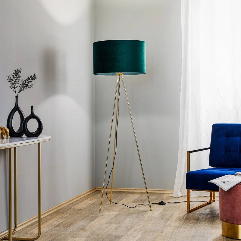 B-Ware Domiluce Stehleuchte Lampe Monaco Dreibein gold grüner Samt elegantes Licht