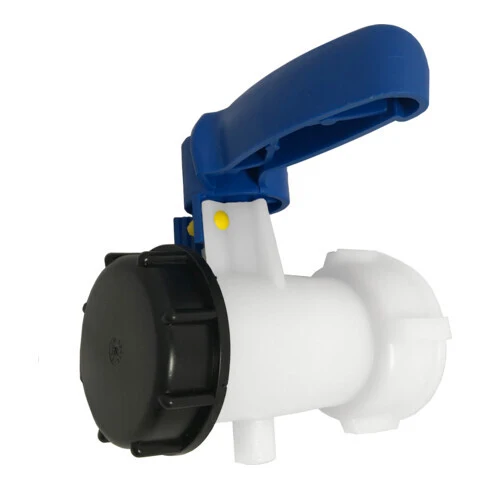 B-Ware IBC Kugelhahn Ventil Absperrhahn Deckel Weiß Blau Griff Innengewinde PP S60x6