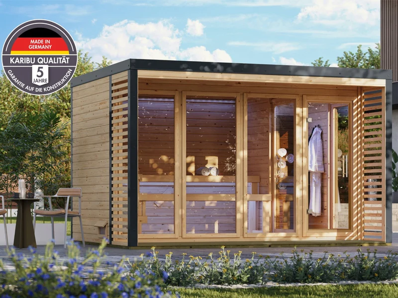 Karibu Hybrid Saunahaus Ares 4, naturbelassen/anthrazit, inkl. 9 kW Bioofen ext. Steuerung