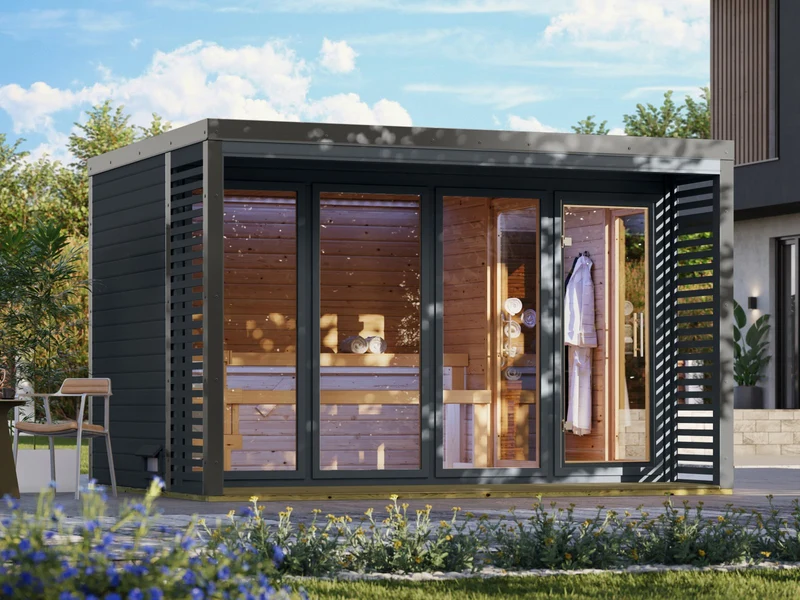 Karibu Hybrid Saunahaus Ares 4, anthrazit/graualuminium, inkl. 9 kW Ofen ext. Steuerung