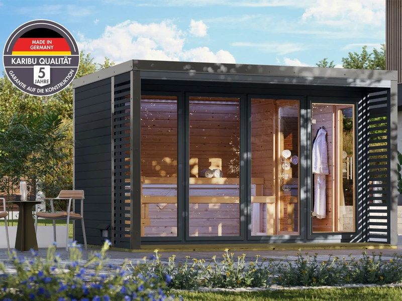Karibu Hybrid Saunahaus Ares 4, anthrazit/graualuminium, inkl. 9 kW Ofen ext. Steuerung