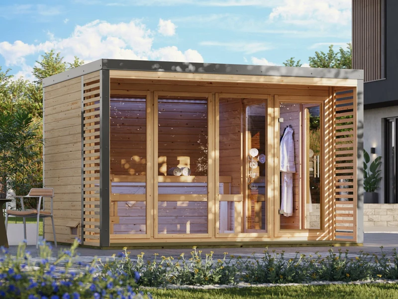 Karibu Hybrid Saunahaus Ares 4, naturbelassen/graualuminium -ohne Ofen-