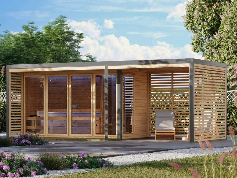 Karibu Hybrid Saunahaus Ares 4, naturbelassen/graualuminium -ohne Ofen-