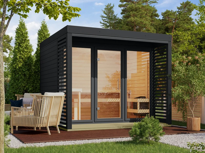 Karibu Hybrid Saunahaus Ares 3,anthrazit/anthrazit -inkl. 11 kW Bioofen ext. Steuerung-