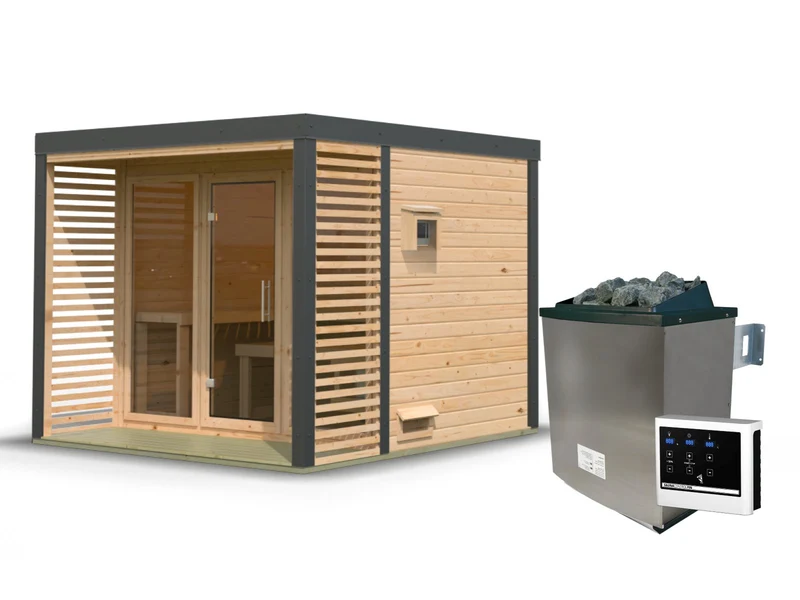 Karibu Hybrid Saunahaus Ares 3, naturbelassen/anthrazit -inkl. 11 kW Ofen ext. Steuerung-