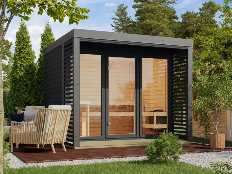 Karibu Hybrid Saunahaus Ares 3, anthrazit/graualuminium, inkl. 11 kW Ofen ext. Steuerung