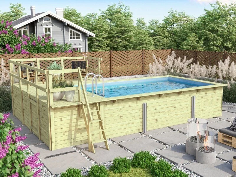 Karibu Rechteck Pool Größe 3 im Set inkl. Filterpaket, Terrasse 3,5 m und Seitenterrasse