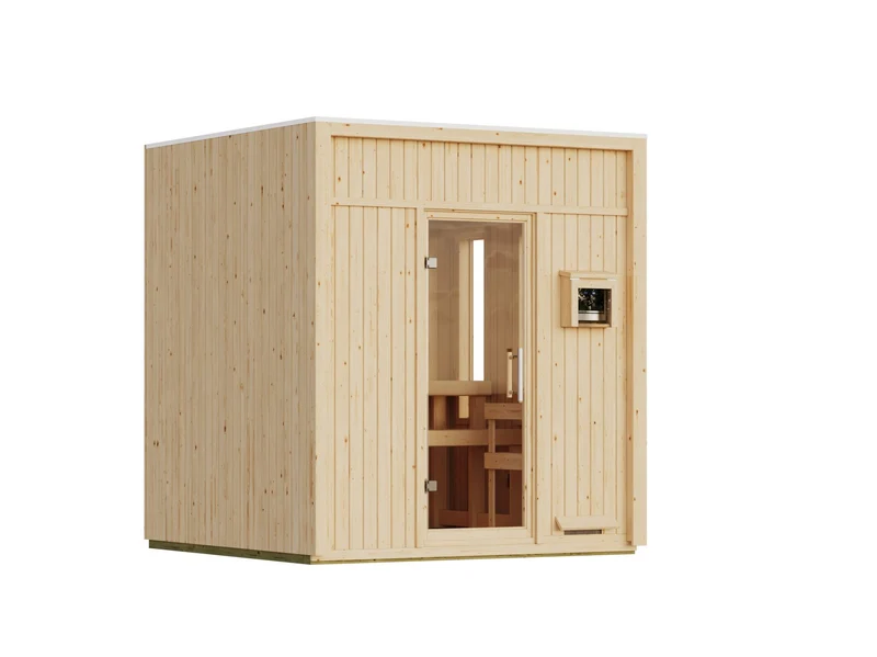 Karibu Saunahaus Avenal, natur, 73 mm -inkl. 9 kW Bioofen ext. Steuerung