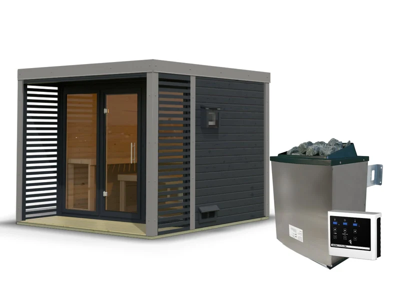 Karibu Hybrid Saunahaus Ares 3, anthrazit/graualuminium, inkl. 11 kW Bioofen ext. Steuerung