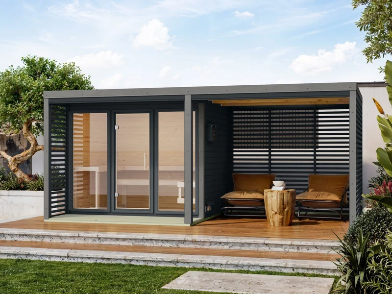 Karibu Hybrid Saunahaus Ares 3, anthrazit/graualuminium, inkl. 11 kW Bioofen ext. Steuerung