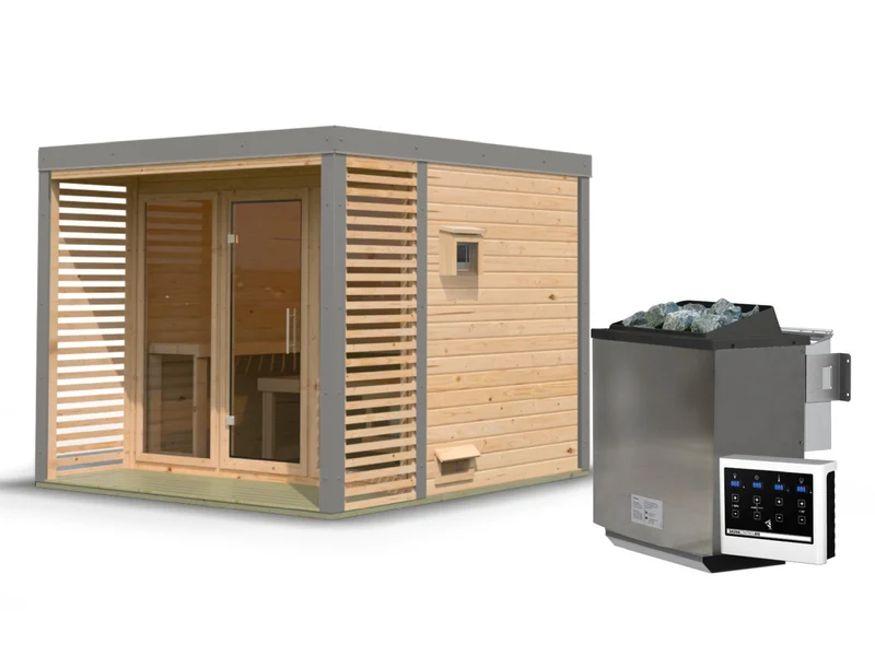 Karibu Hybrid Saunahaus Ares 3, naturbelassen/graualuminium, inkl. 11 kW Bioofen ext. Steuerung