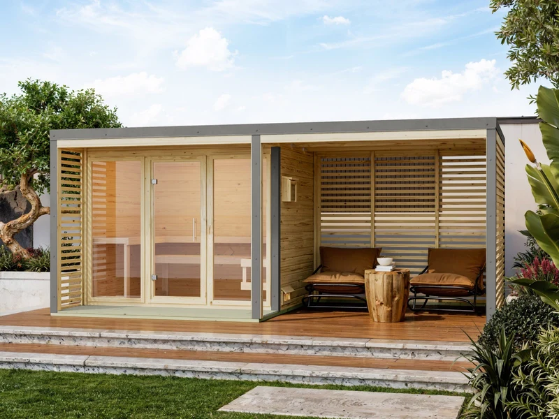 Karibu Hybrid Saunahaus Ares 3, naturbelassen/graualuminium, inkl. 11 kW Bioofen ext. Steuerung