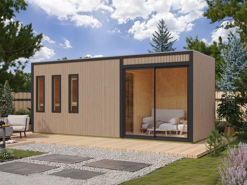 Karibu Saunahaus Monterey, Douglasie, inkl. 9 kW Ofen ext. Steuerung, inkl. Séparée im Vorraum, 73 mm