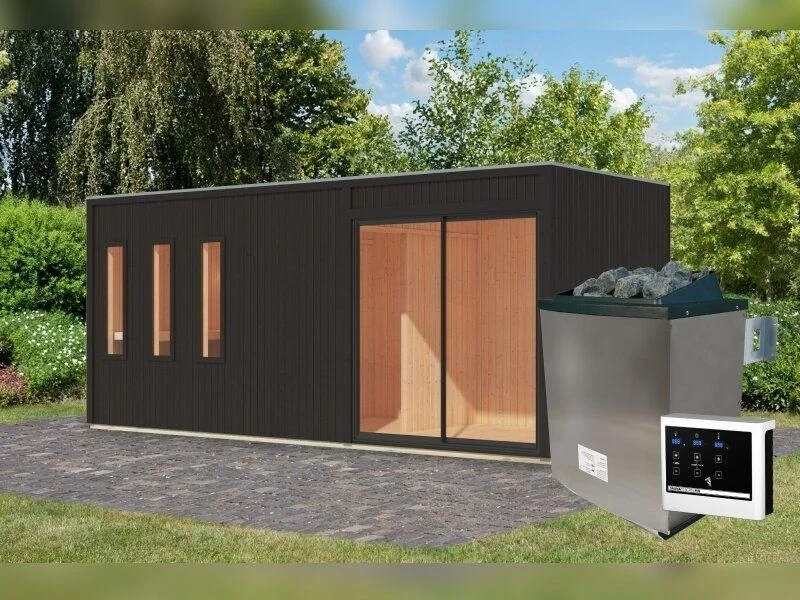 Karibu Saunahaus Monterey, schwarz, inkl. 11 kW Ofen ext. Steuerung, mit Séparée im Vorraum, 73 mm