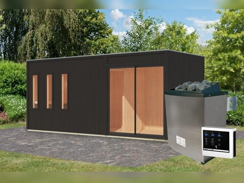 Karibu Saunahaus Monterey, schwarz, inkl. 11 kW Ofen ext. Steuerung, mit Séparée im Vorraum, 73 mm