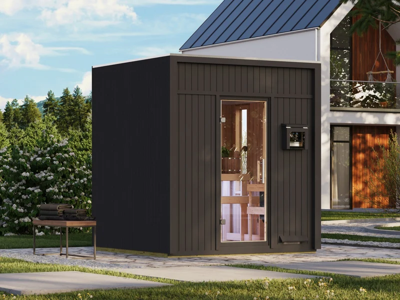 Karibu Saunahaus Avenal, schwarz, 73 mm -inkl. 9 kW Bioofen ext. Steuerung