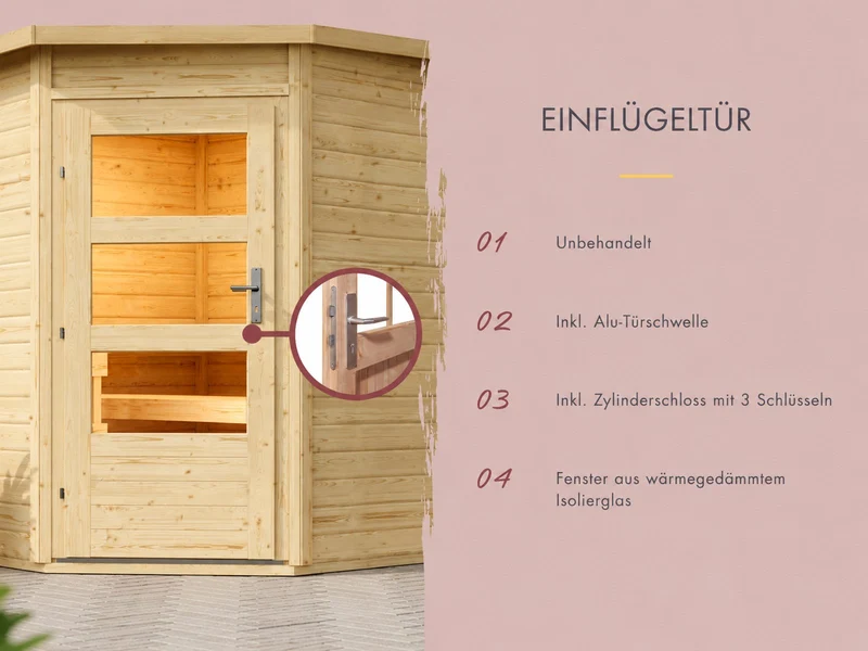 Karibu Saunahaus Skrollan 3 38 mm- 11 kW Ofen ext. Strg- moderne Tür