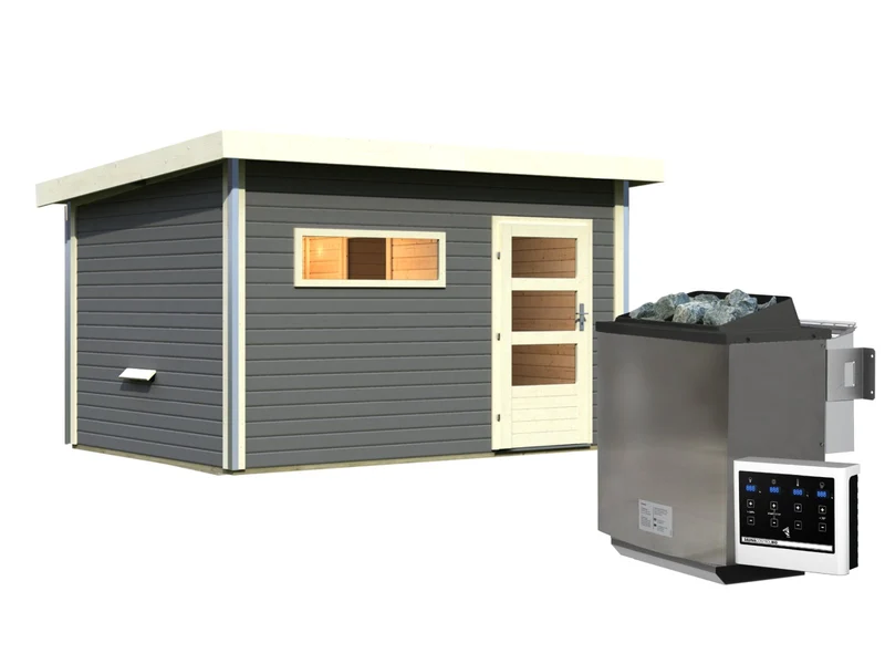 Karibu Saunahaus Skrollan 3 in terragrau 38 mm- 11 kW Bioofen Ext. Strg - moderne Tür