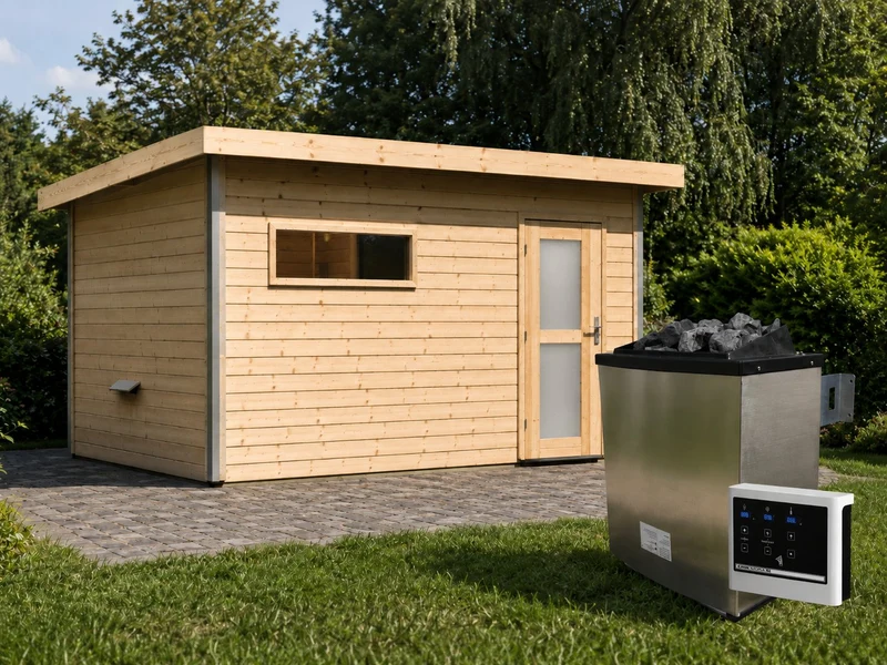 Karibu Saunahaus Skrollan 3 38 mm- 11 kW Ofen ext. Strg- Milchglastür