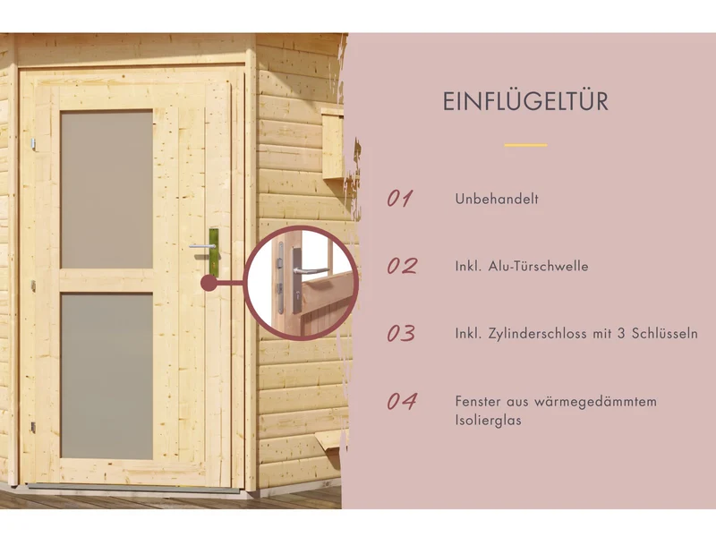 Karibu Saunahaus Skrollan 3 38 mm- 11 kW Ofen ext. Strg- Milchglastür