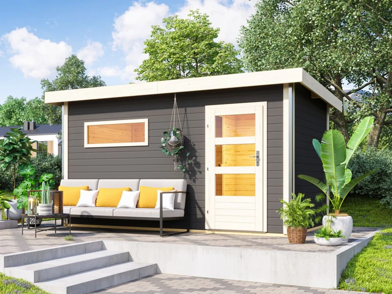 Karibu Saunahaus Skrollan 3 in terragrau 38 mm- 11 kW Ofen Ext. Strg - moderne Tür