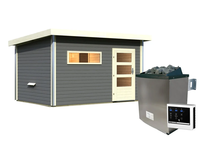 Karibu Saunahaus Skrollan 3 in terragrau 38 mm- 11 kW Ofen Ext. Strg - moderne Tür