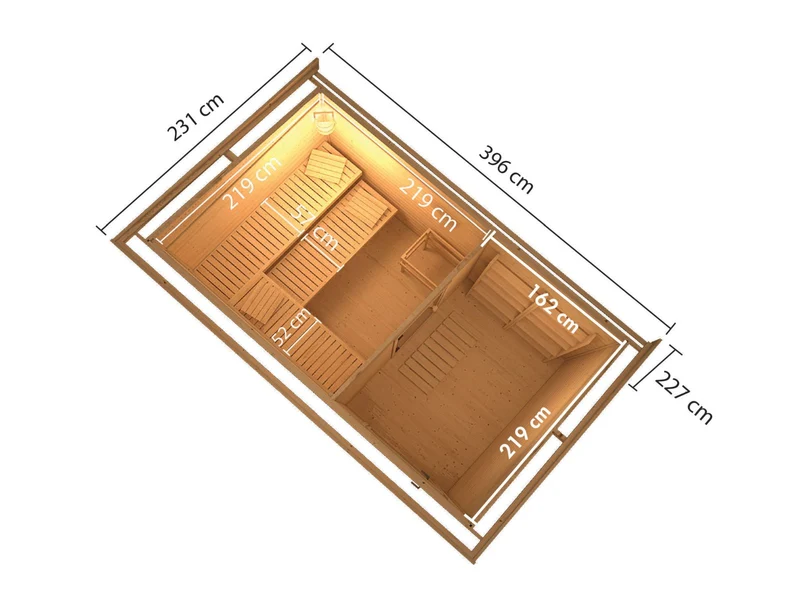 Karibu Saunahaus Skrollan 3 in terragrau 38 mm- 11 kW Ofen Ext. Strg - moderne Tür